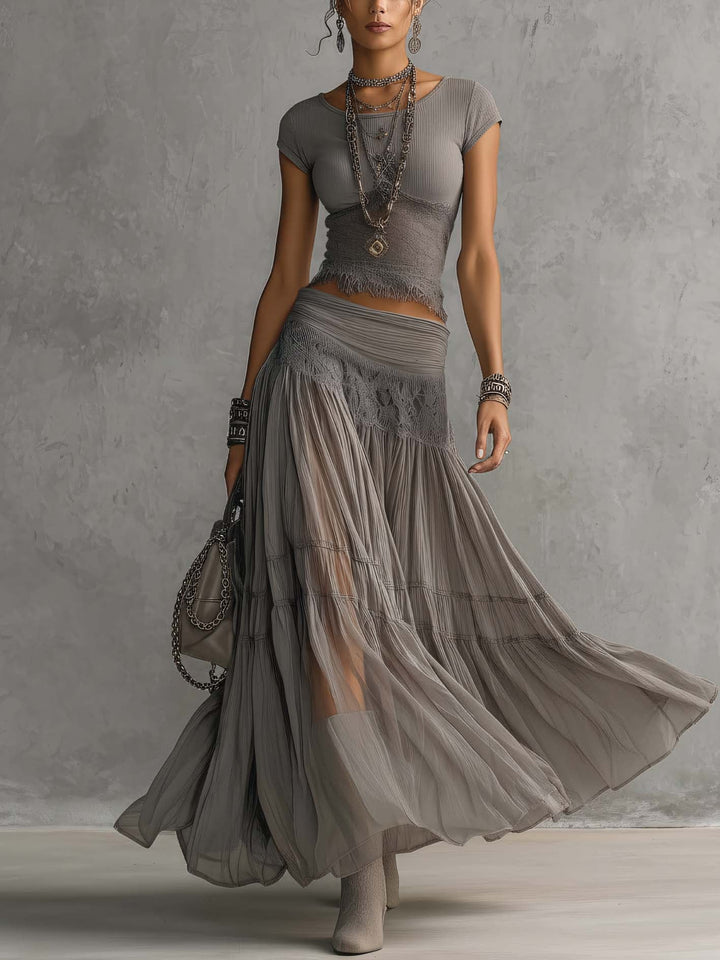 Nika | Lace Set with Pleated Maxi Skirt