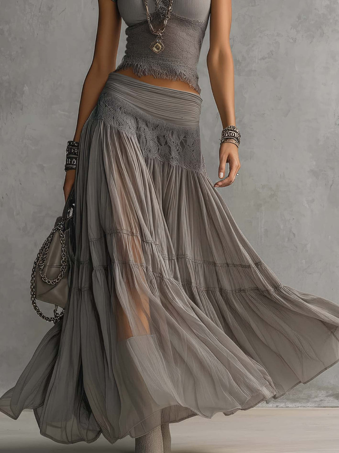 Nika | Lace Set with Pleated Maxi Skirt