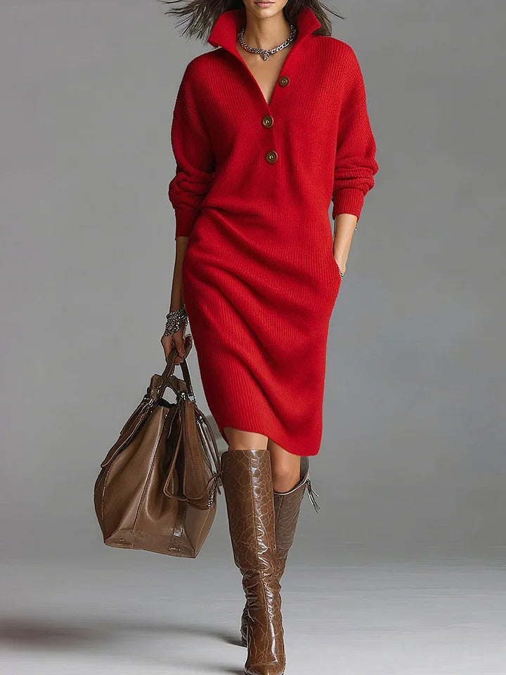 Lorena - Elegant knitted dress with collar and front buttons