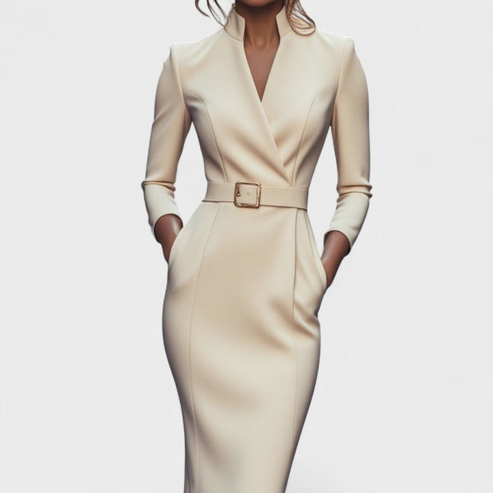Alexia I Elegant Dress with Belt and Mandarin Collar