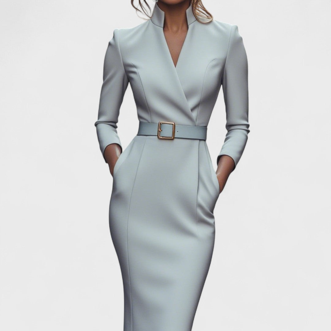 Alexia I Elegant Dress with Belt and Mandarin Collar