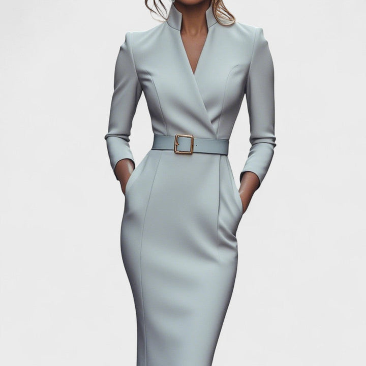 Alexia I Elegant Dress with Belt and Mandarin Collar