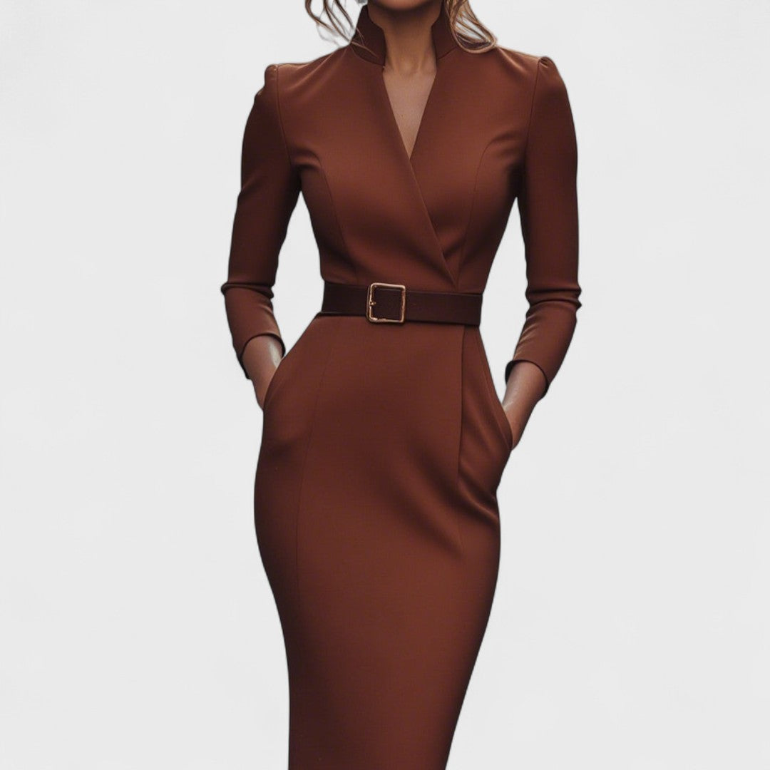 Alexia I Elegant Dress with Belt and Mandarin Collar
