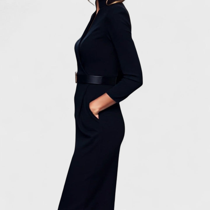 Alexia I Elegant Dress with Belt and Mandarin Collar