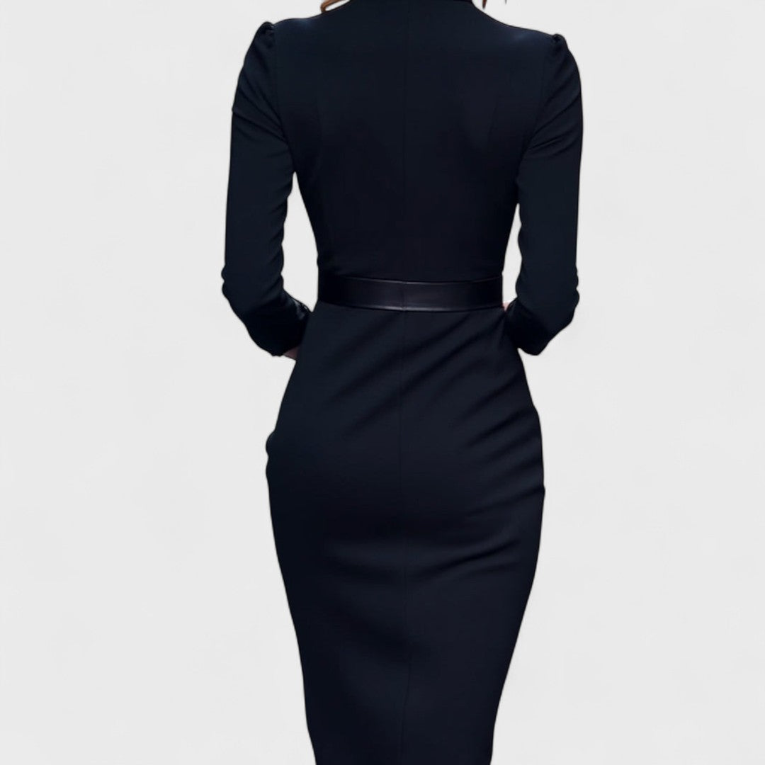 Alexia I Elegant Dress with Belt and Mandarin Collar