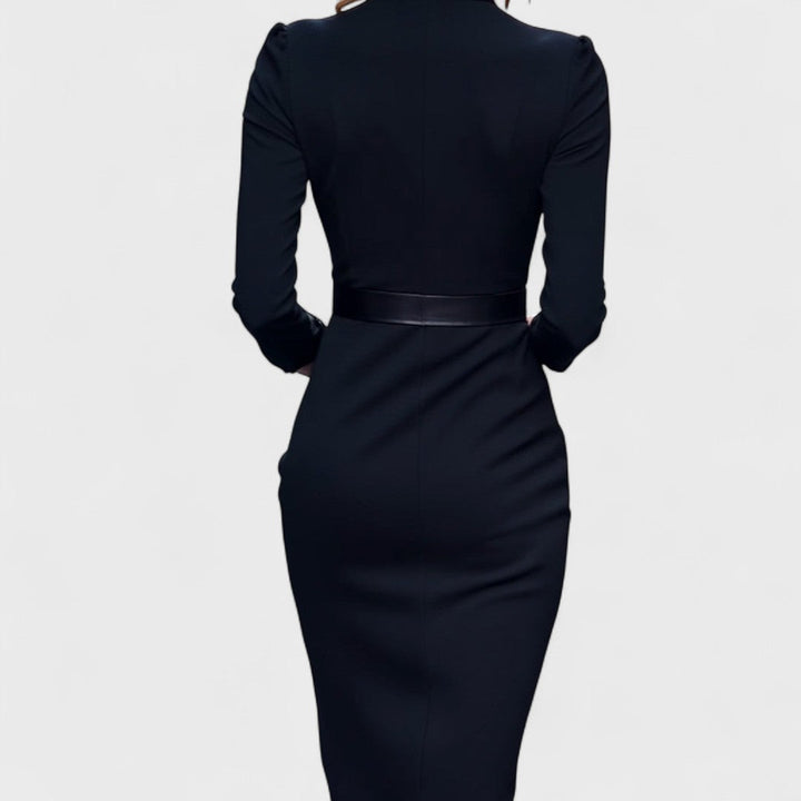 Alexia I Elegant Dress with Belt and Mandarin Collar