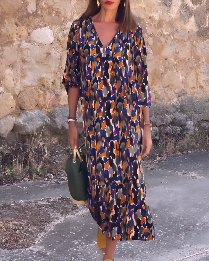 Anaëlle™ | Retro Printed V-Neck Dress