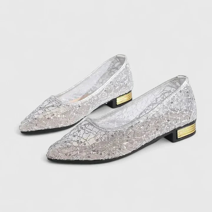 Celeste | Women's Lace Pointed Toe Flats Gold Heel Detail
