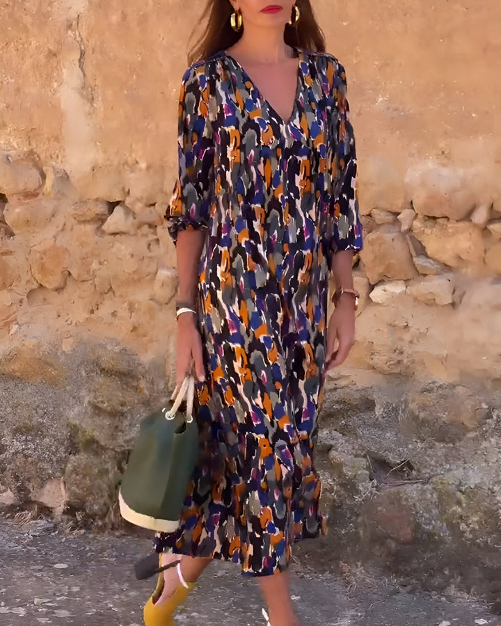 Anaëlle™ | Retro Printed V-Neck Dress