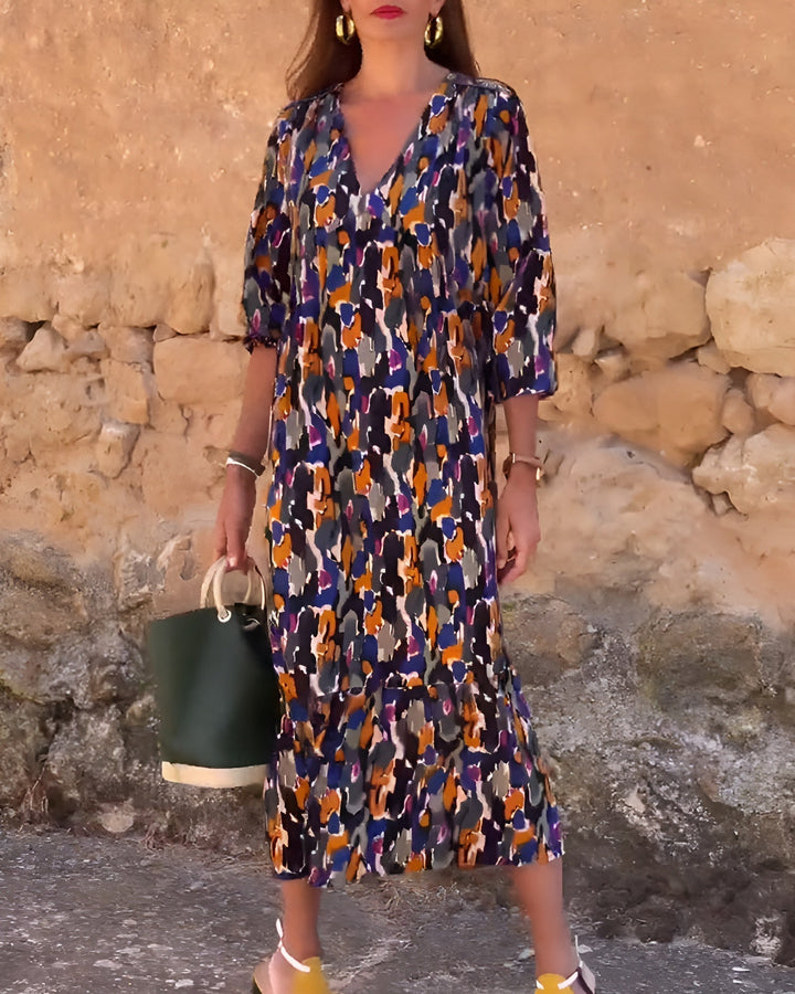 Anaëlle™ | Retro Printed V-Neck Dress