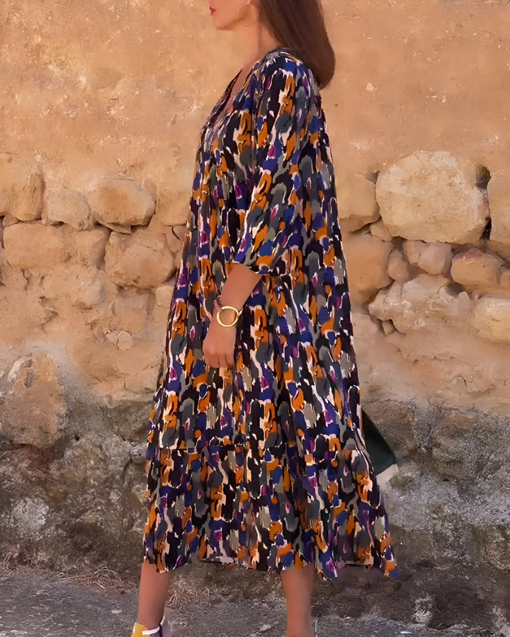 Anaëlle™ | Retro Printed V-Neck Dress