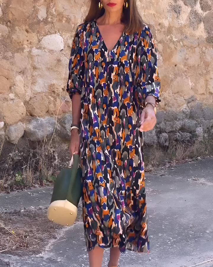 Anaëlle™ | Retro Printed V-Neck Dress