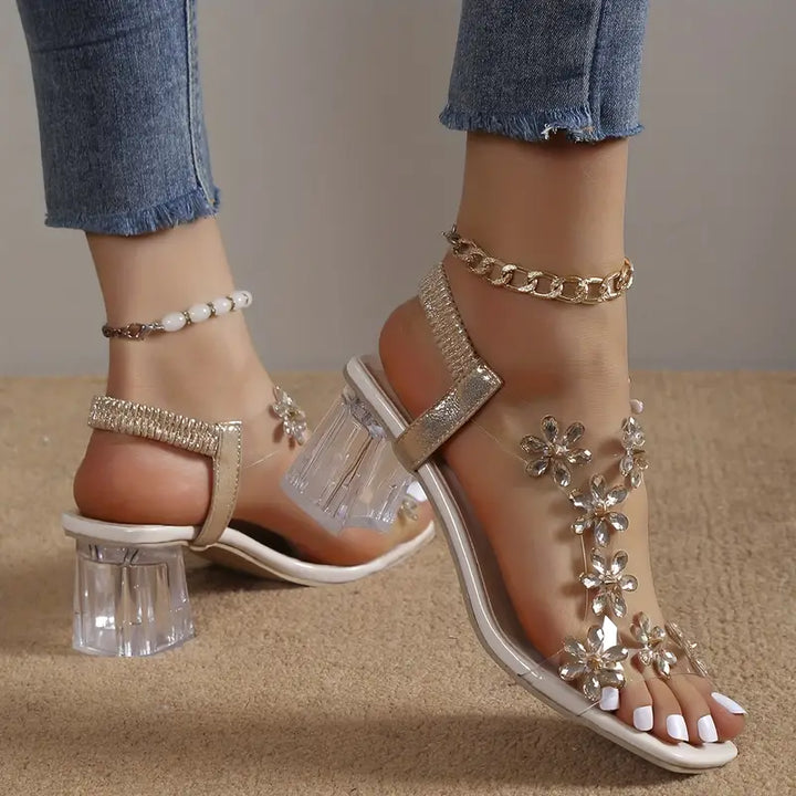 Frieda™ | Women's Flower Rhinestone Block Heel Sandals