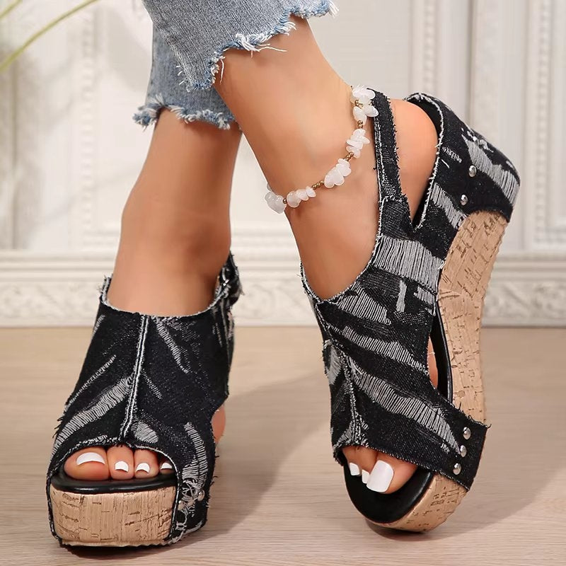 DenimLift™ | Women Cork Denim Wedge Sandals