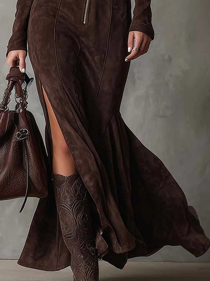 Marika – Vintage brown maxi dress with zipper and belt, elegant retro style