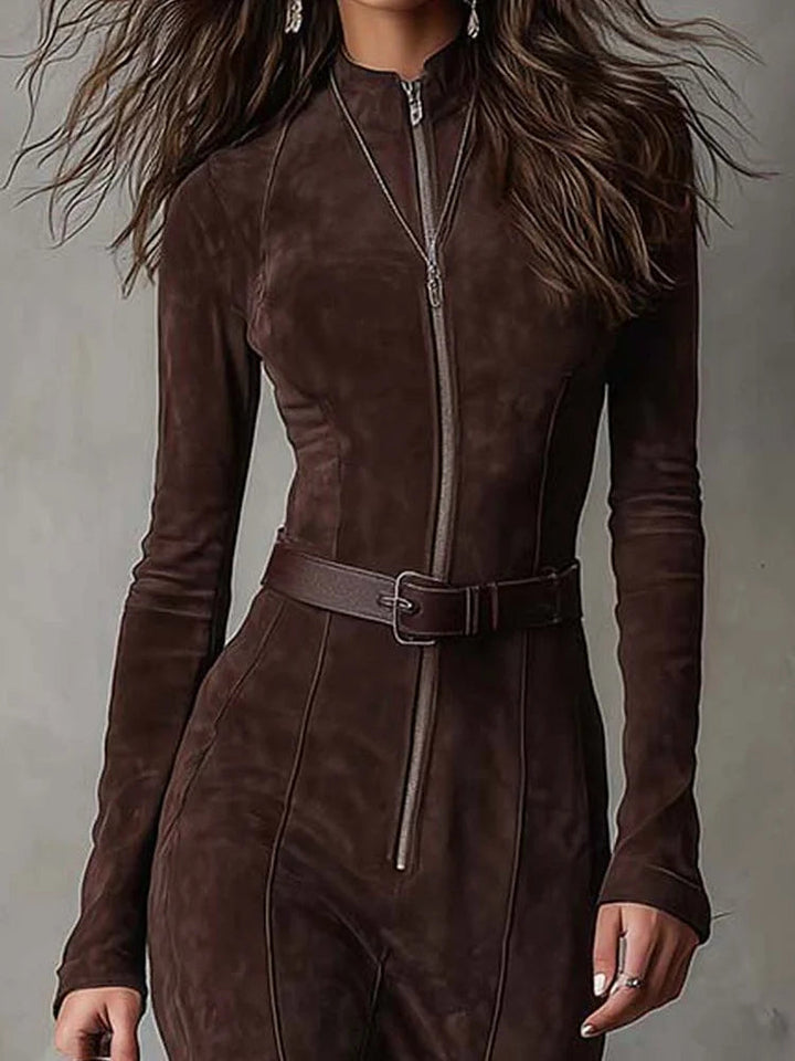Marika – Vintage brown maxi dress with zipper and belt, elegant retro style