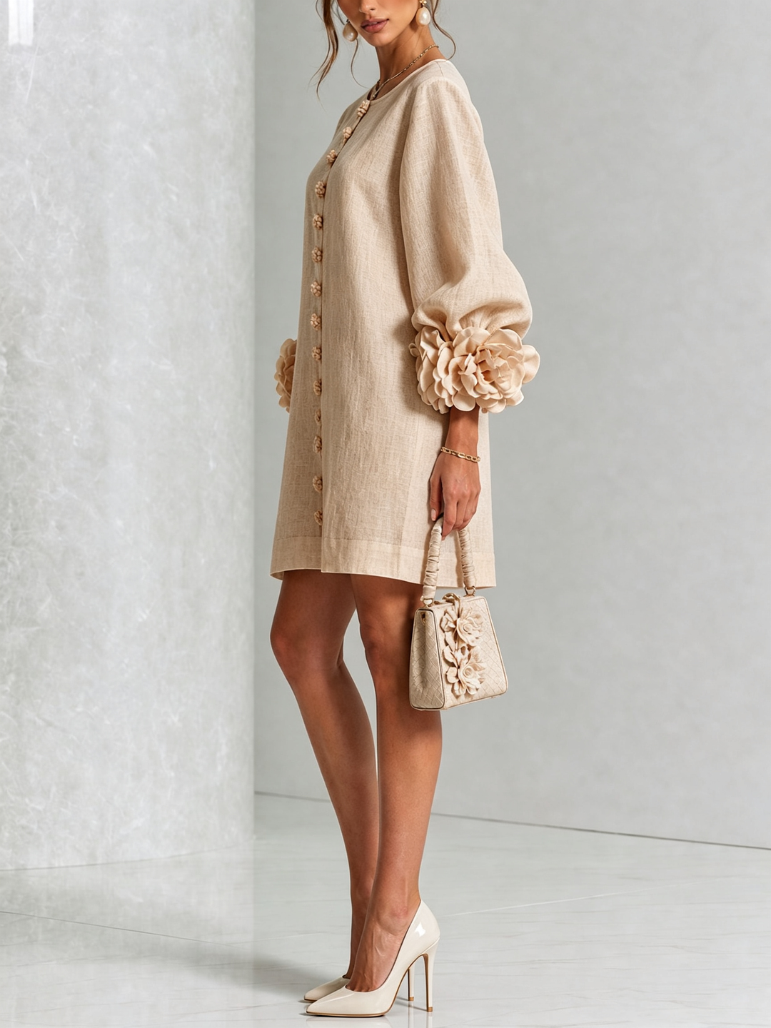White Mini Dress with Flower Buttons and Eccentric Flower Sleeves