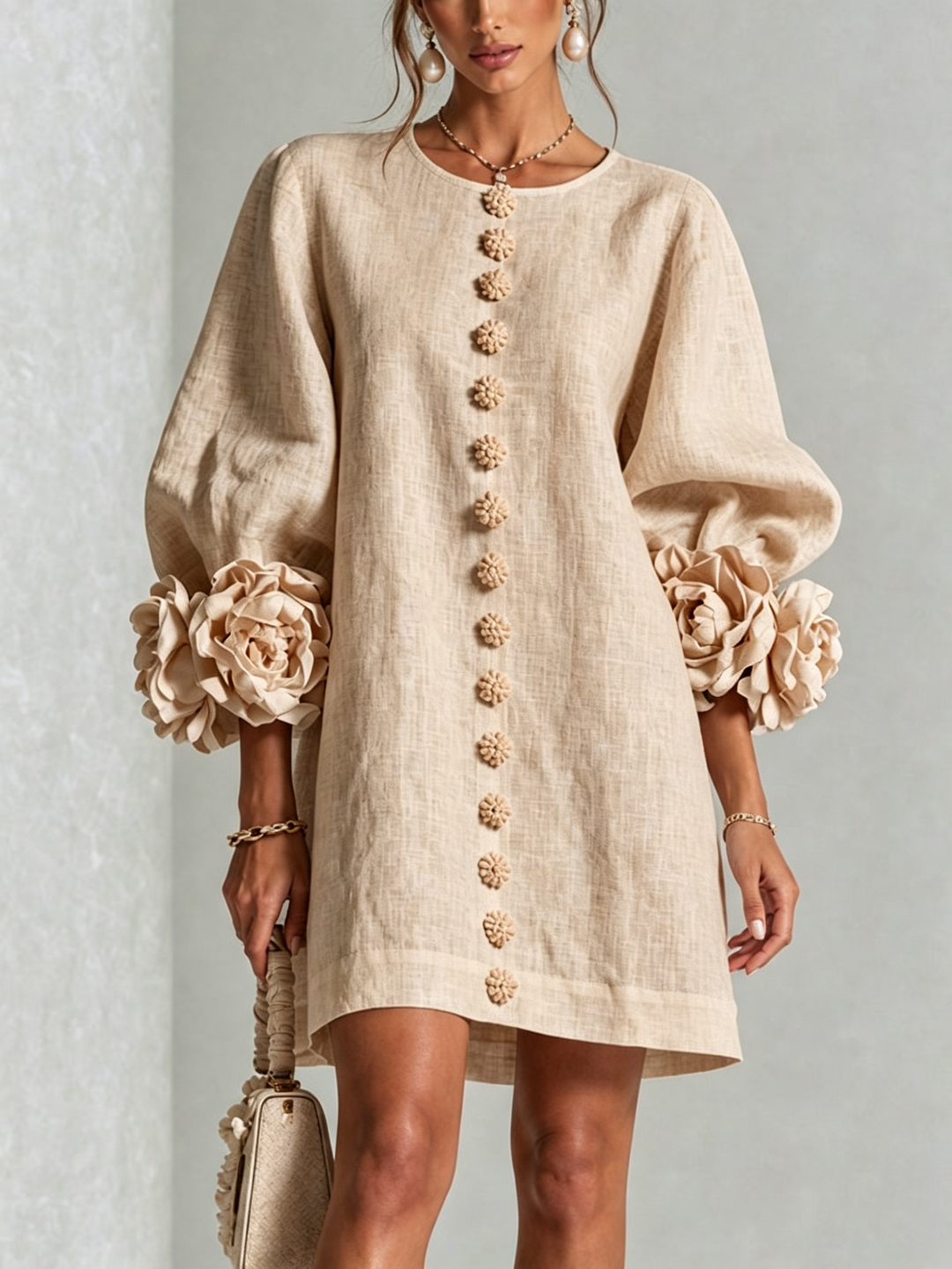 White Mini Dress with Flower Buttons and Eccentric Flower Sleeves