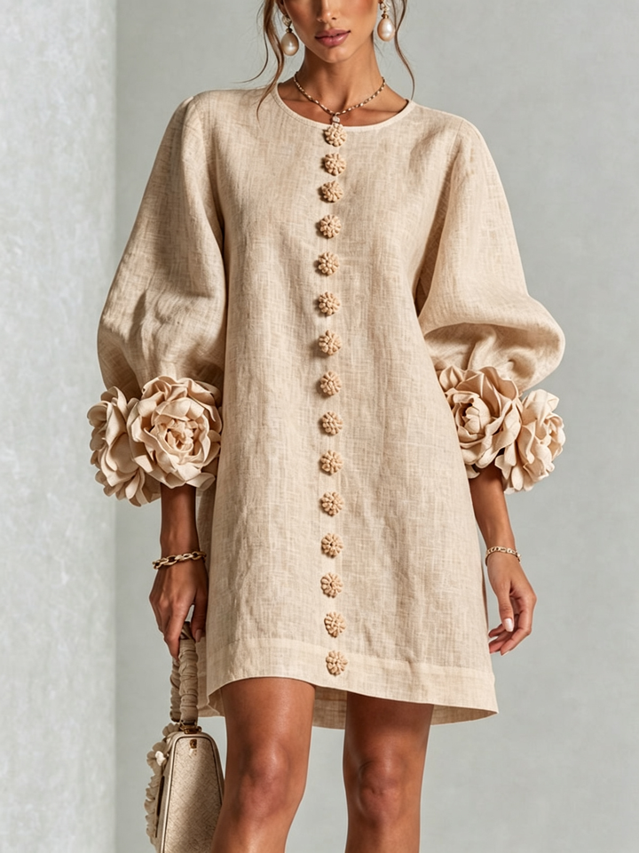 White Mini Dress with Flower Buttons and Eccentric Flower Sleeves