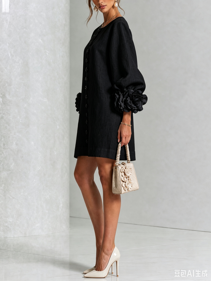 White Mini Dress with Flower Buttons and Eccentric Flower Sleeves