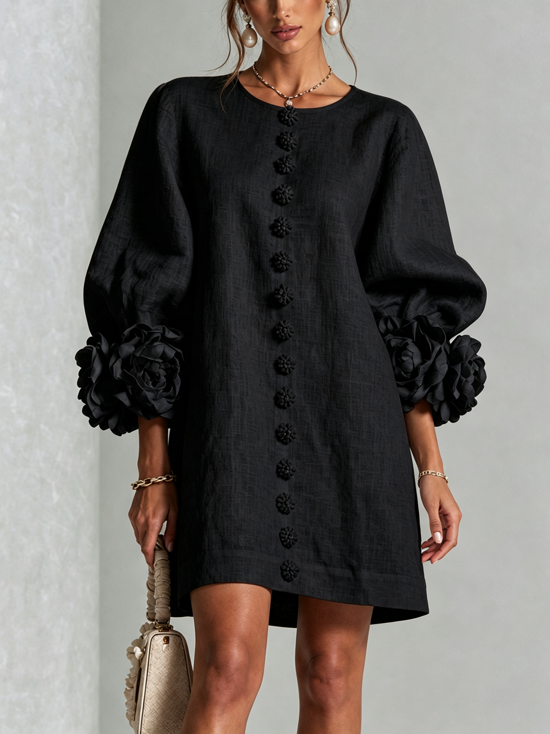 White Mini Dress with Flower Buttons and Eccentric Flower Sleeves