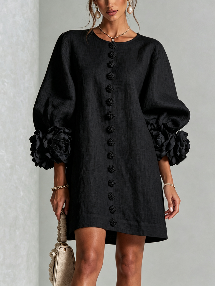 White Mini Dress with Flower Buttons and Eccentric Flower Sleeves