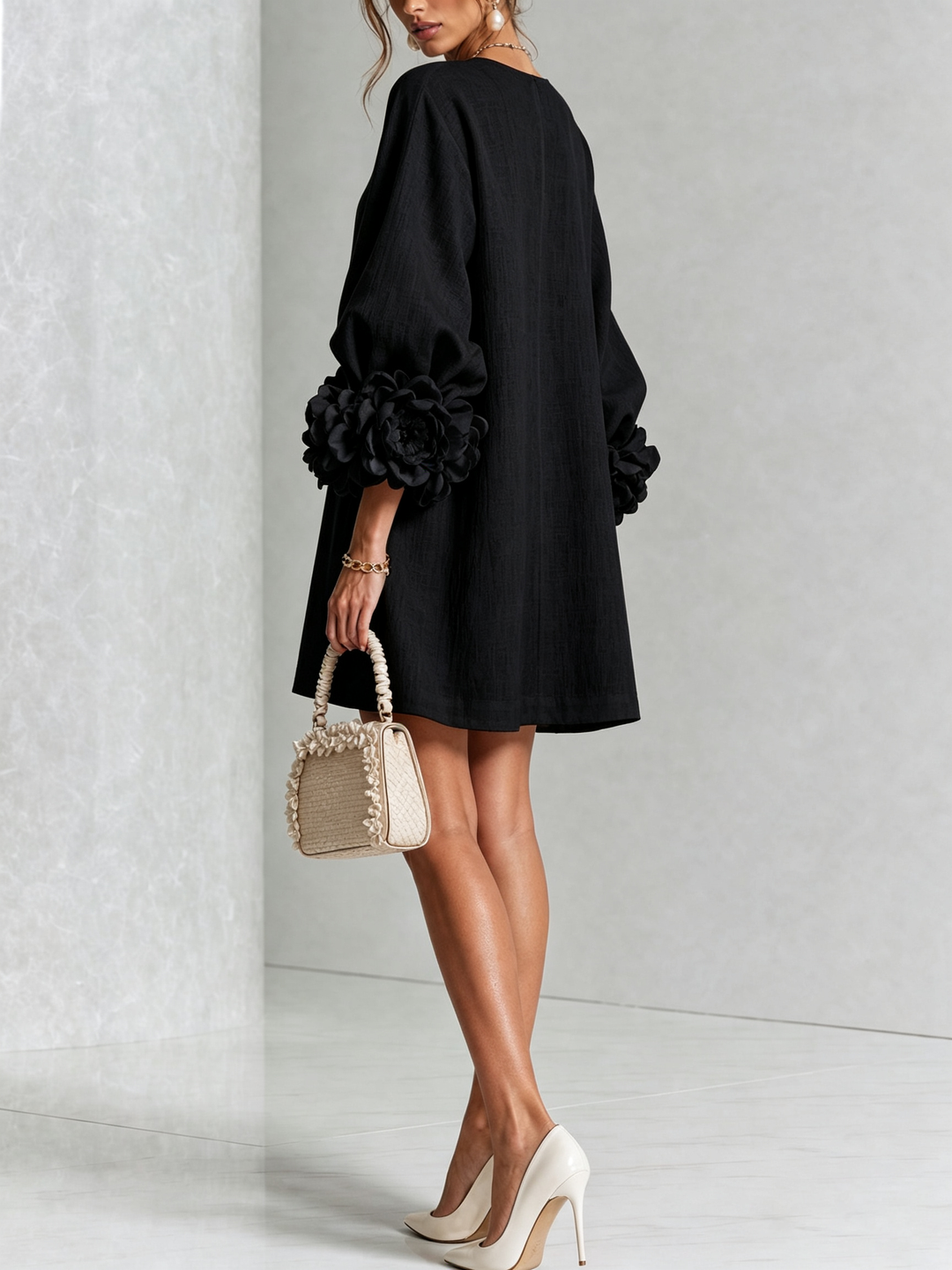 White Mini Dress with Flower Buttons and Eccentric Flower Sleeves