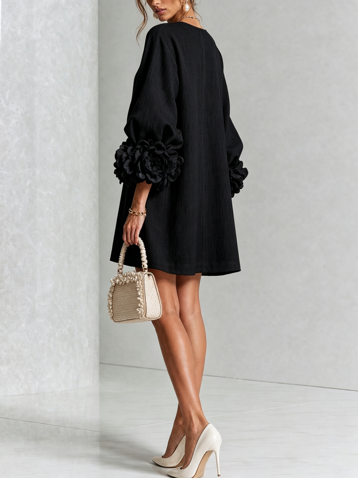 White Mini Dress with Flower Buttons and Eccentric Flower Sleeves