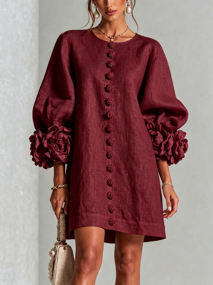 White Mini Dress with Flower Buttons and Eccentric Flower Sleeves