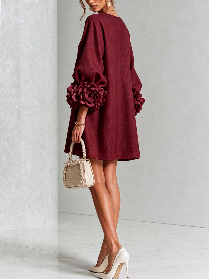 White Mini Dress with Flower Buttons and Eccentric Flower Sleeves