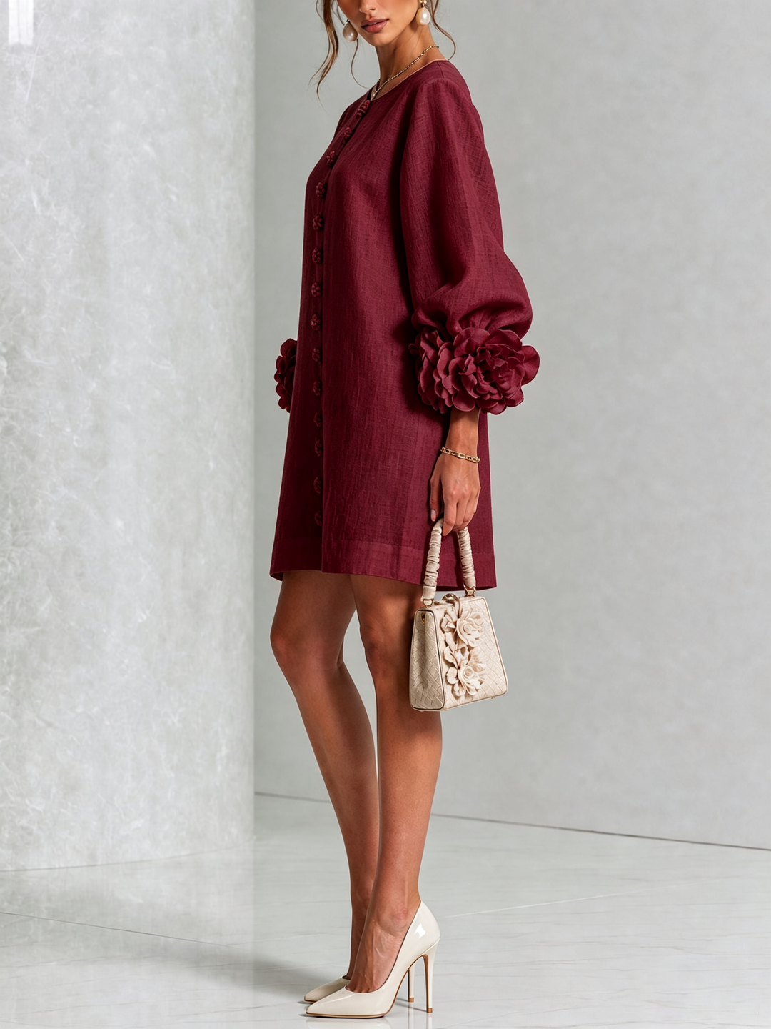 White Mini Dress with Flower Buttons and Eccentric Flower Sleeves