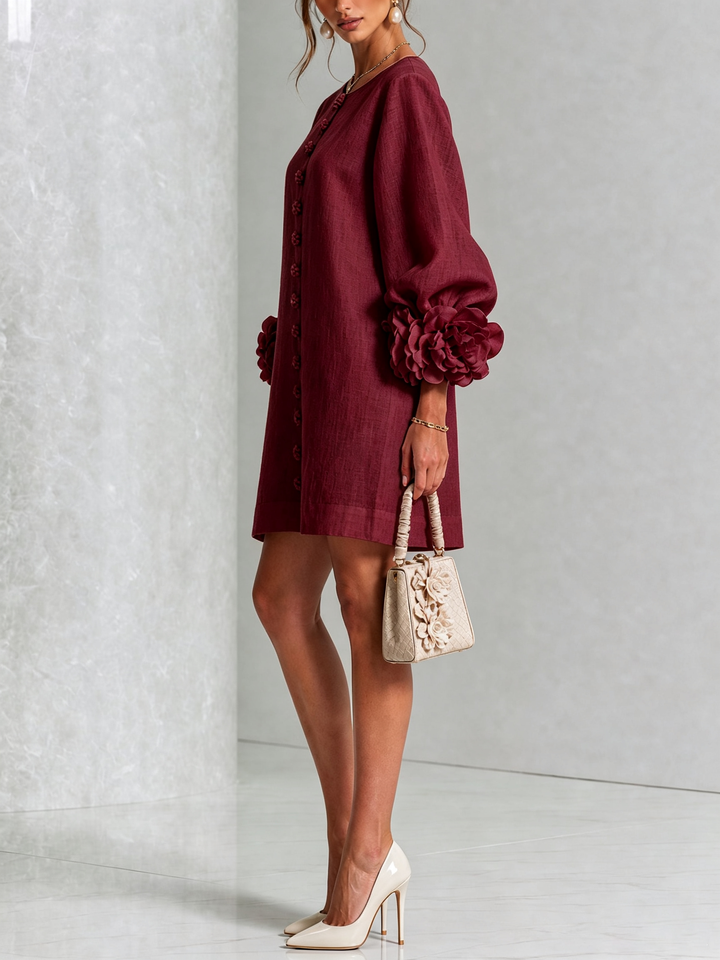 White Mini Dress with Flower Buttons and Eccentric Flower Sleeves