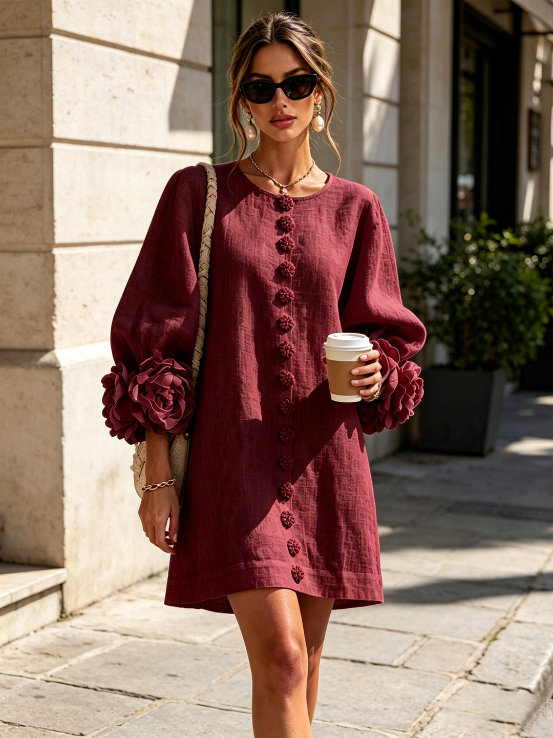 White Mini Dress with Flower Buttons and Eccentric Flower Sleeves