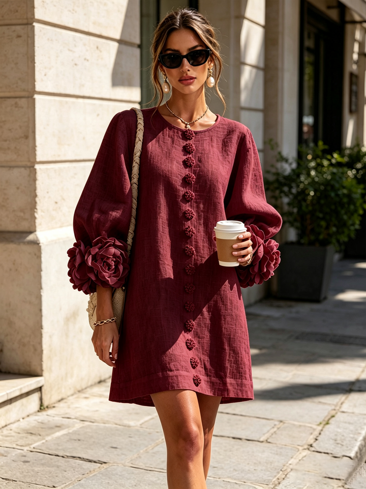 White Mini Dress with Flower Buttons and Eccentric Flower Sleeves