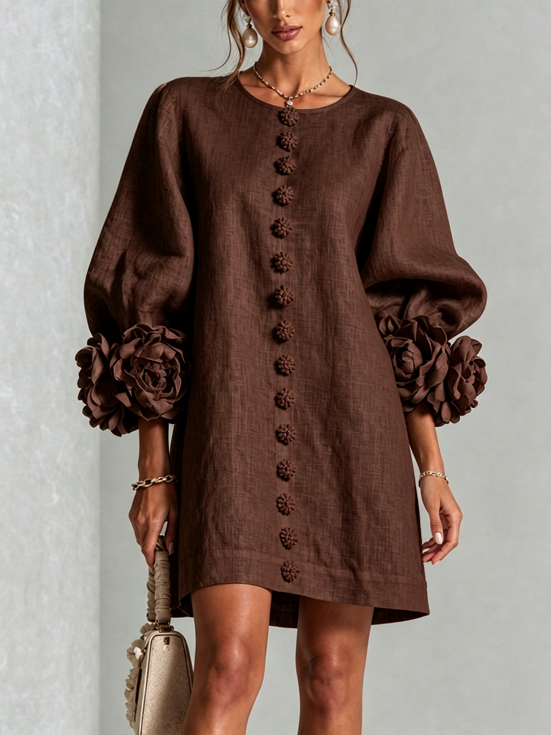 White Mini Dress with Flower Buttons and Eccentric Flower Sleeves