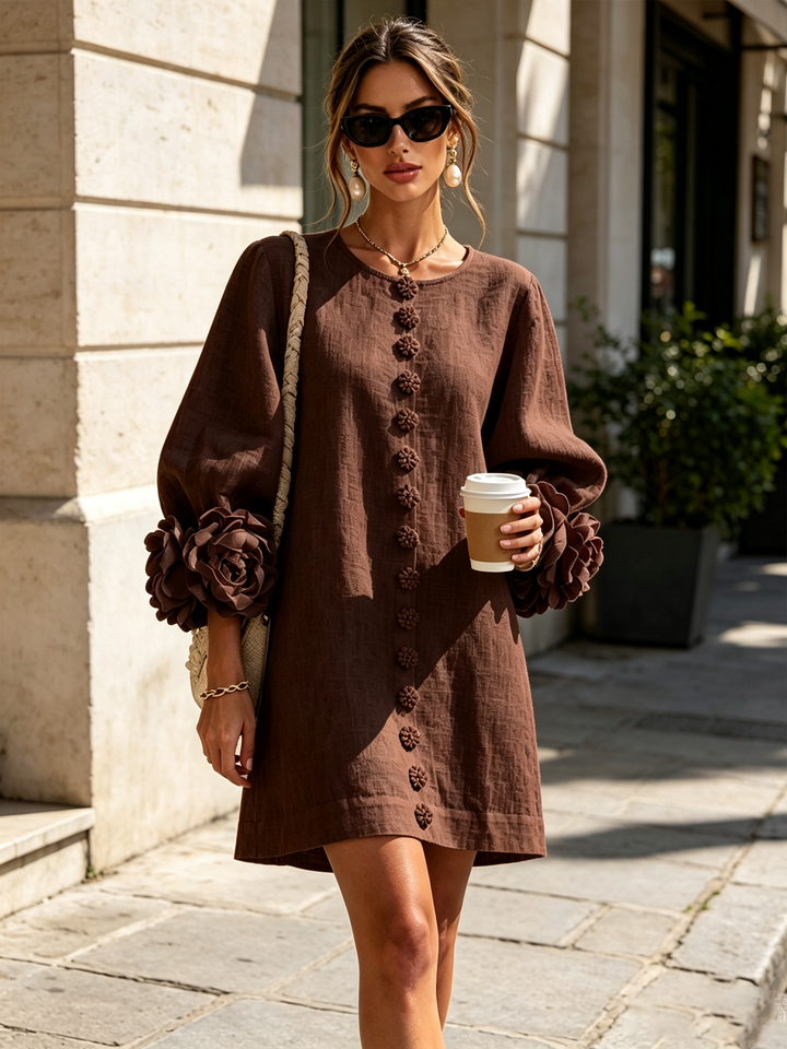 White Mini Dress with Flower Buttons and Eccentric Flower Sleeves