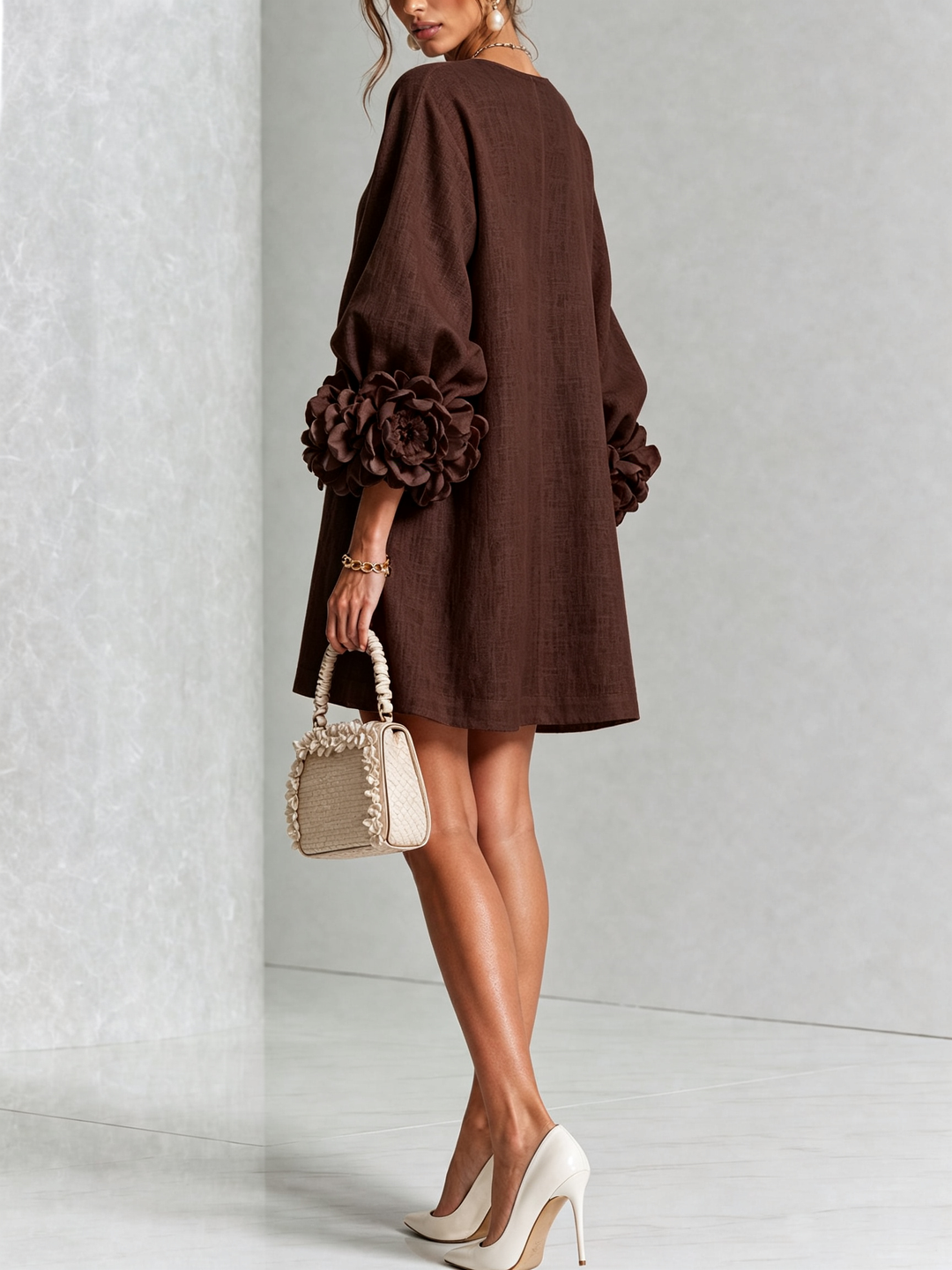 White Mini Dress with Flower Buttons and Eccentric Flower Sleeves