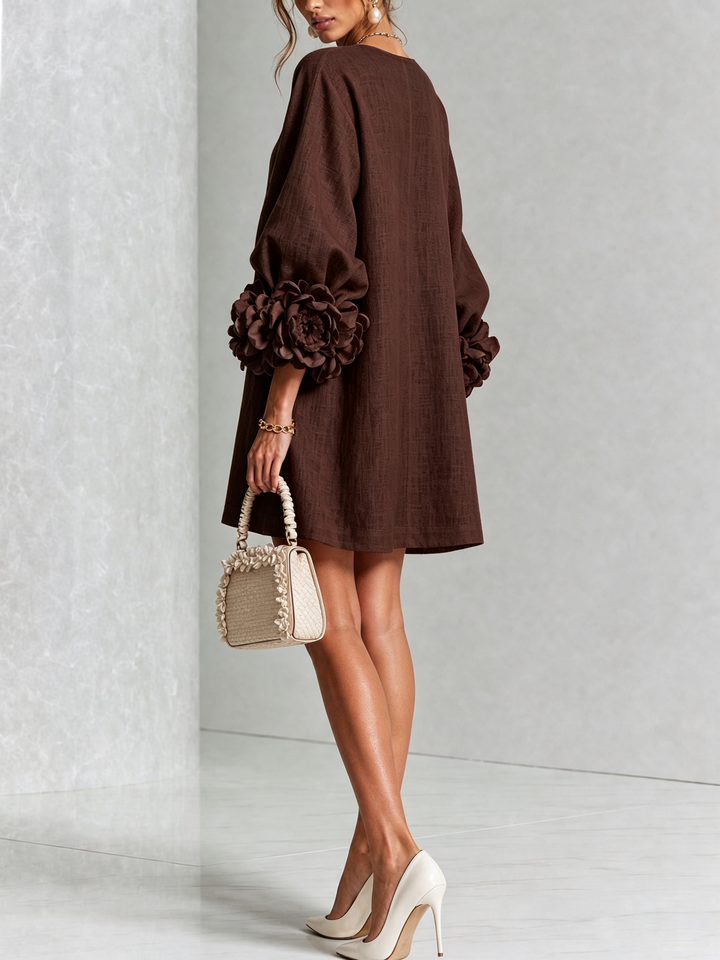 White Mini Dress with Flower Buttons and Eccentric Flower Sleeves