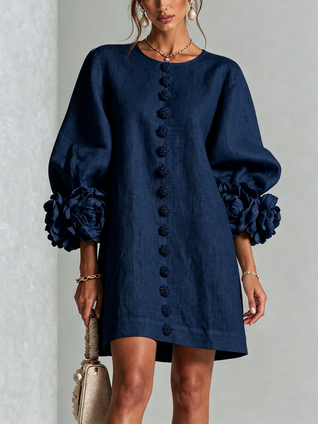 White Mini Dress with Flower Buttons and Eccentric Flower Sleeves