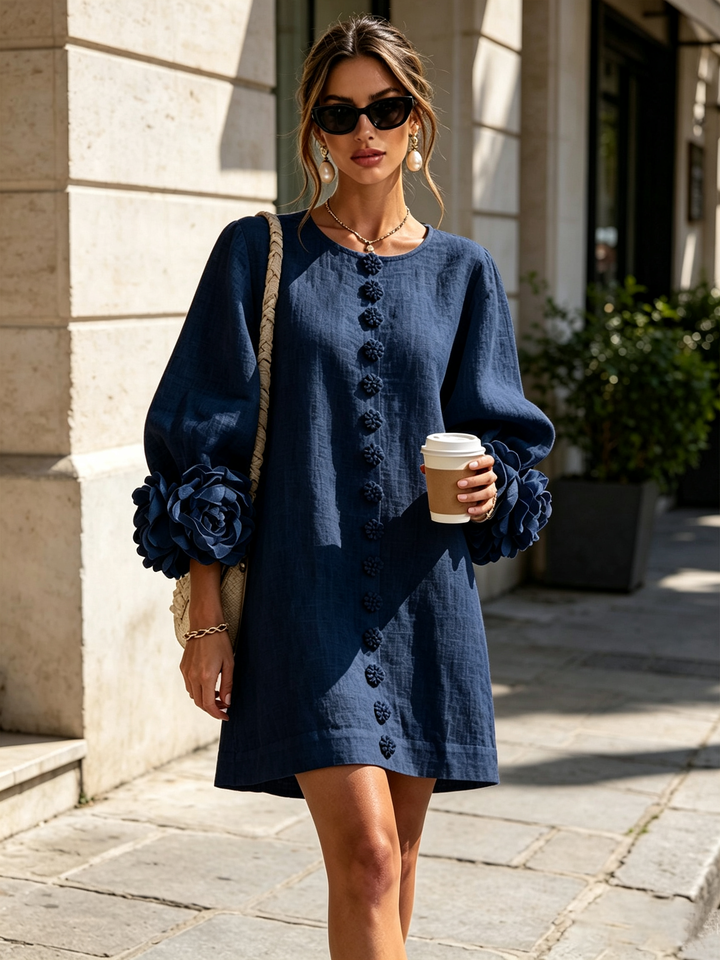 White Mini Dress with Flower Buttons and Eccentric Flower Sleeves