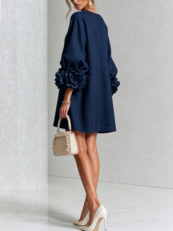 White Mini Dress with Flower Buttons and Eccentric Flower Sleeves