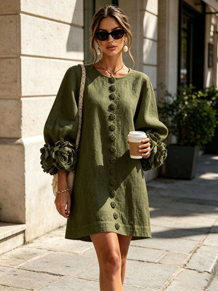 White Mini Dress with Flower Buttons and Eccentric Flower Sleeves