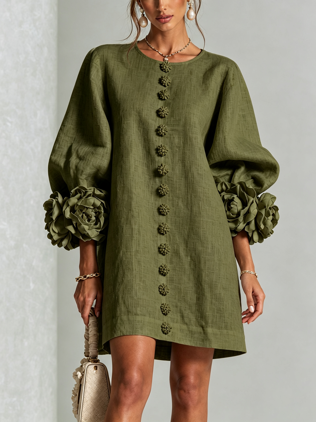 White Mini Dress with Flower Buttons and Eccentric Flower Sleeves