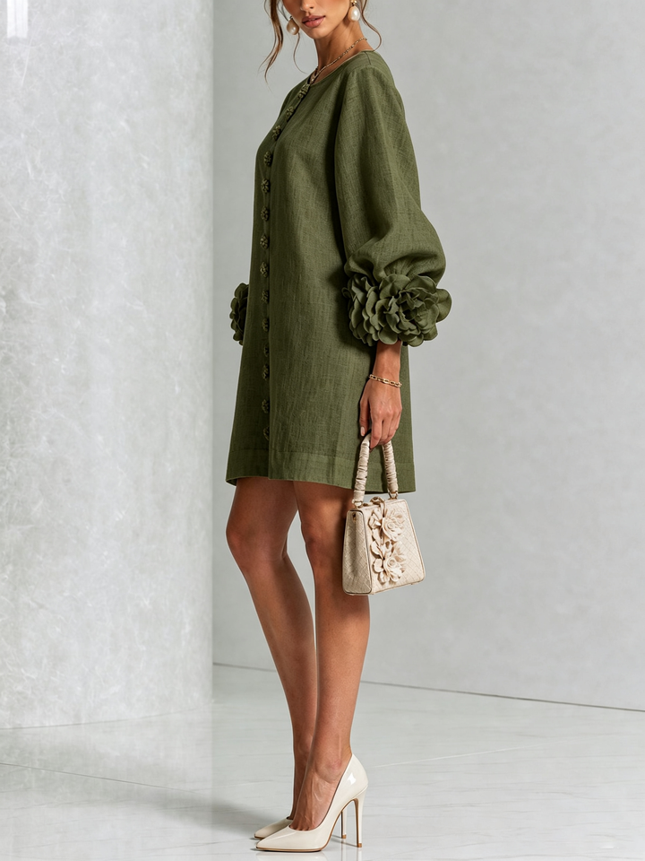 White Mini Dress with Flower Buttons and Eccentric Flower Sleeves