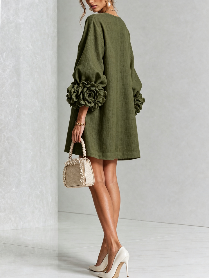 White Mini Dress with Flower Buttons and Eccentric Flower Sleeves