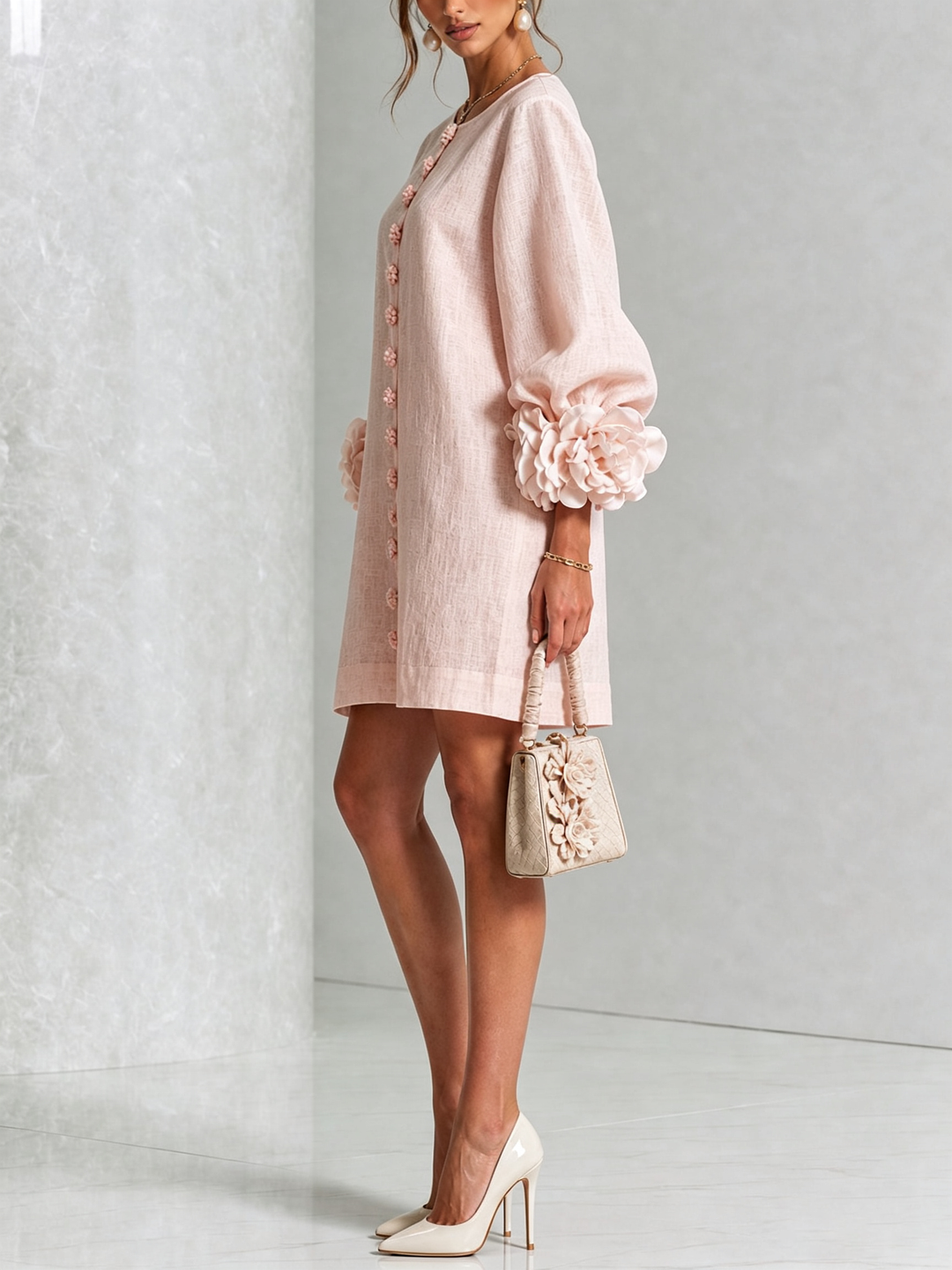 White Mini Dress with Flower Buttons and Eccentric Flower Sleeves