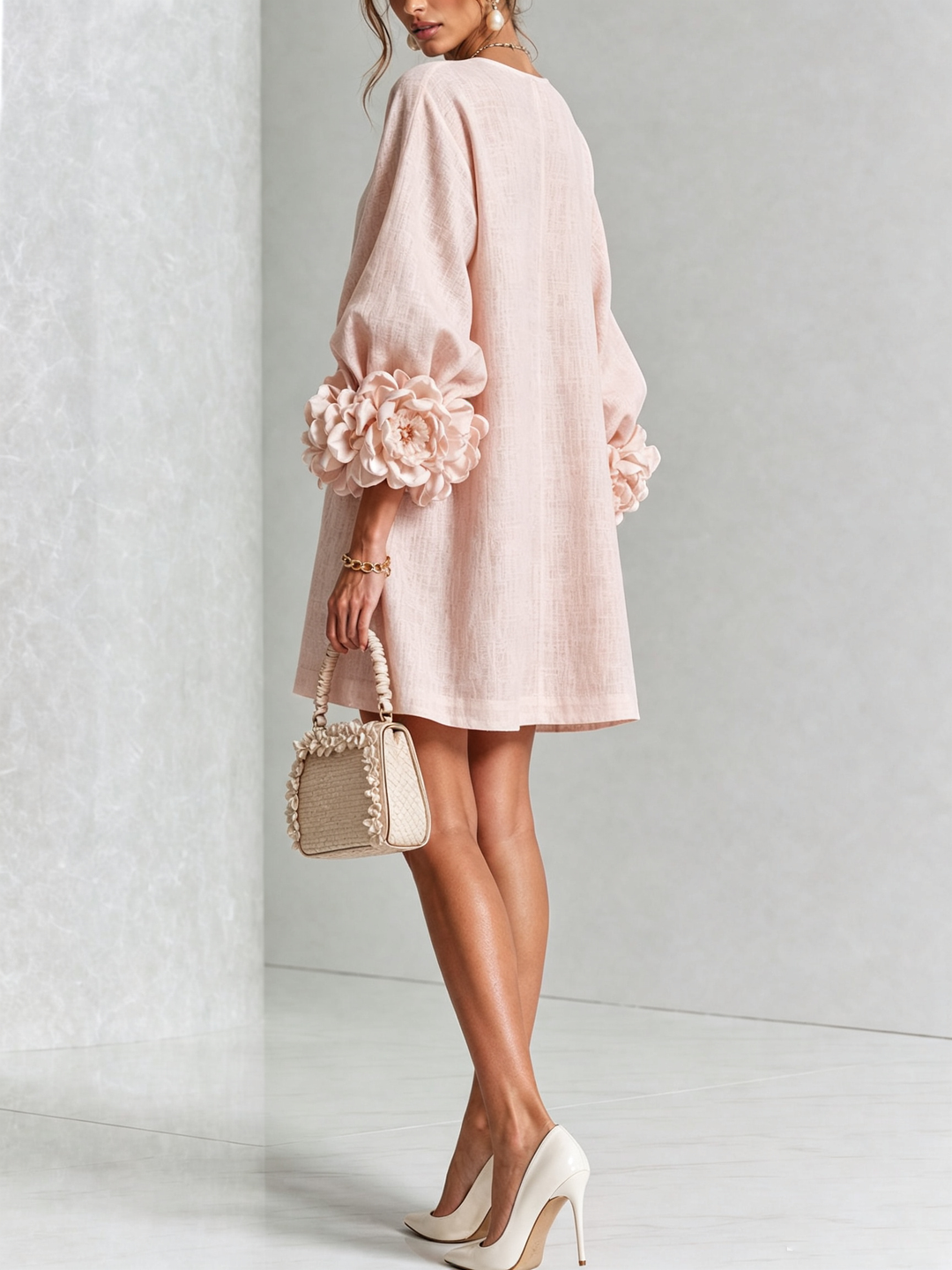 White Mini Dress with Flower Buttons and Eccentric Flower Sleeves