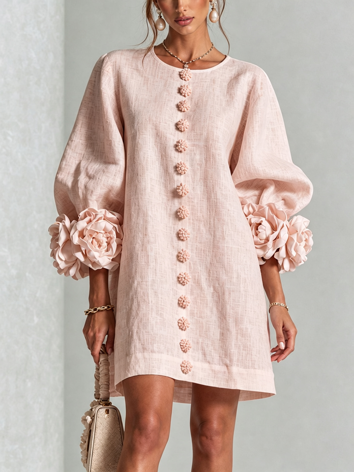 White Mini Dress with Flower Buttons and Eccentric Flower Sleeves