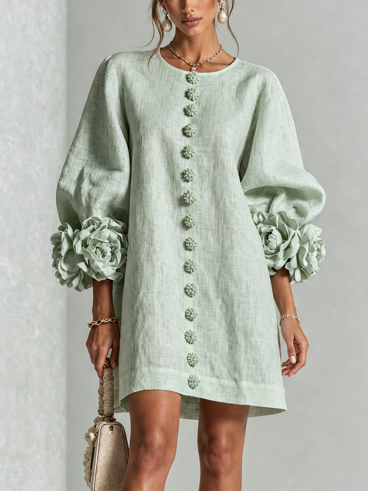 White Mini Dress with Flower Buttons and Eccentric Flower Sleeves