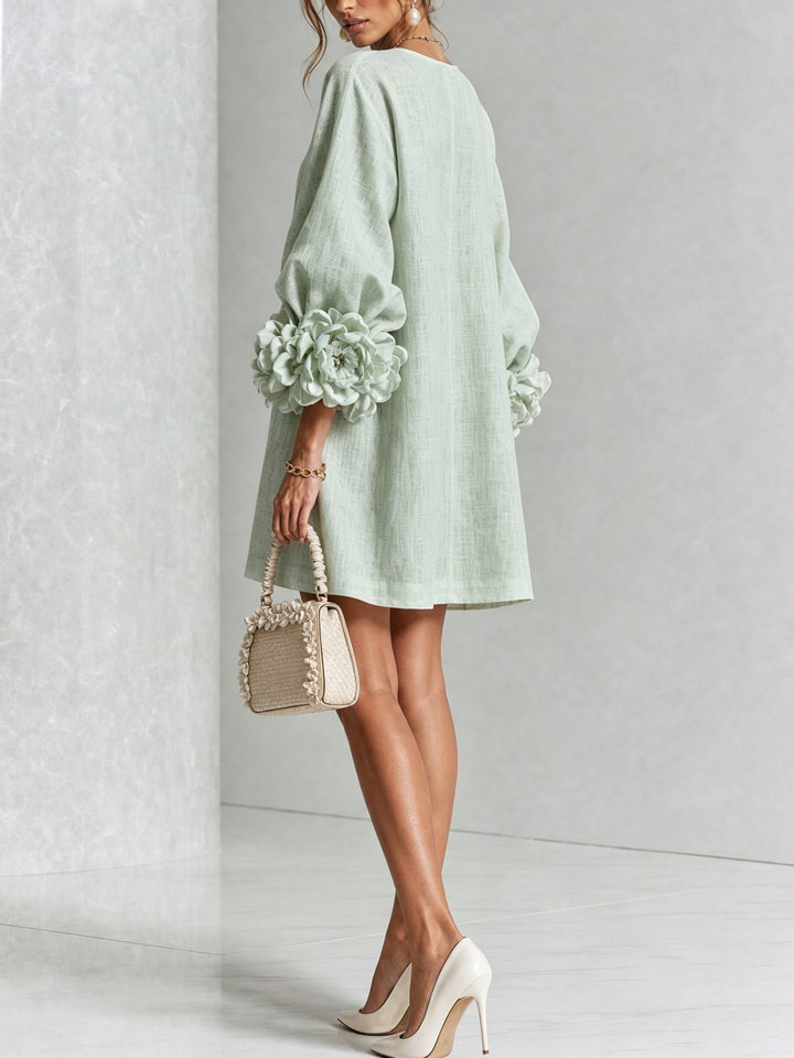 White Mini Dress with Flower Buttons and Eccentric Flower Sleeves